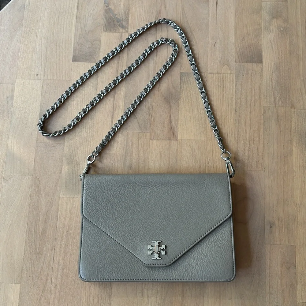 Tory Burch Kira Leather Envelope Convertible Clutch Crossbody Chain Champagne